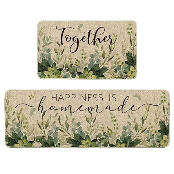 Artoid Mode Eucalyptus Together Spring Kitchen Mats Set of 2, Summer Home Decor Low-Profile Kitchen Rugs for Floor - 17x29 and 17x47 Inch