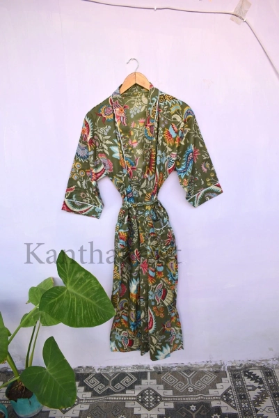 Blue Kimono Robe Ladies Dressing Gown - Hand Printed 100% Light Breathable Cotton Yukata Bathrobe for Women - Women's Boho Lightweight Robe