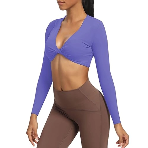 Aoxjox Long Sleeve Crop Tops for Women Sienna Twist Deep V Workout Crop T Shirt Top