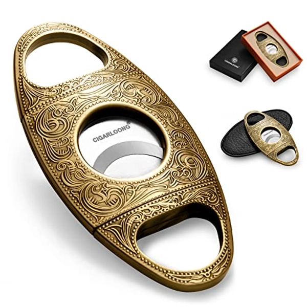 CIGARLOONG Cigar Cutter Stainless Steel Bronze Engraved Double Cut Blade (Color:Gold1) - Gold1