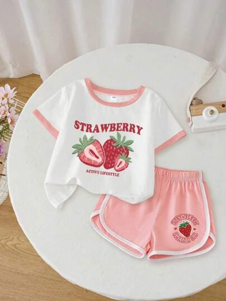 2PCS Tween Girls Outfit Set Strawberry Print T-Shirt And Shorts Cute Soft Summer Comfy Casual