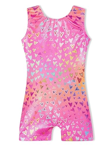 Domusgo Gymnastics Leotards for Girls Sparkly One-Piece Pro Kids Unitard Biketards with Shorts - Nenon Love Heart Biketard 