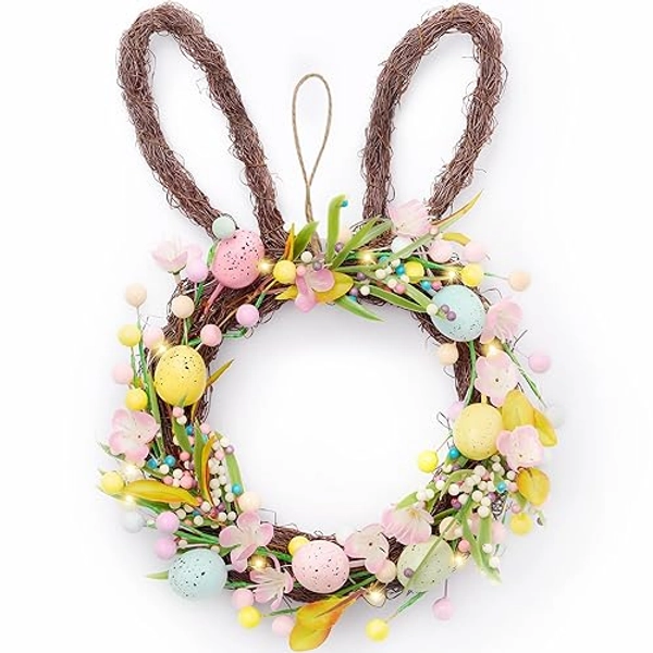 Valery Madelyn 40.6cm Osterkranz mit Eiern, Künstliche Türkranz, Osterei Kranz mit LED Licht, Hasenförmiger Wandkranz Frühlingskranz für Osterdeko, Frühlingsdeko - Pastellfarben