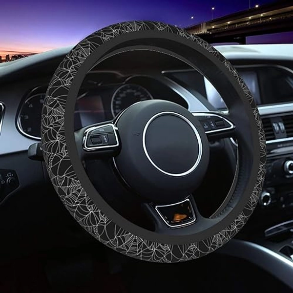 Teery-YY Halloween Spider Black and White Spiderweb Car Steering Wheel Cover Winter Warm Soft Elasticity Universal 15 Inch Car Accessories Steering Wheel Protector for Women Girls Ladies Men