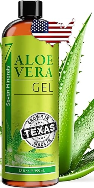 Seven Minerals Organic Aloe Vera Gel from freshly cut 100% Pure Aloe - Big 12oz - HighestQuality, Texas grown, Vegan, Unscented - For Face, Skin, Hair, Sunburn relief - 12 Fl Oz