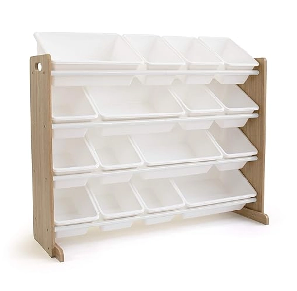 Humble Crew Extra-Large Toy Organizer, 16 Storage Bins, Universal, Natural/White - Natural Wood/White