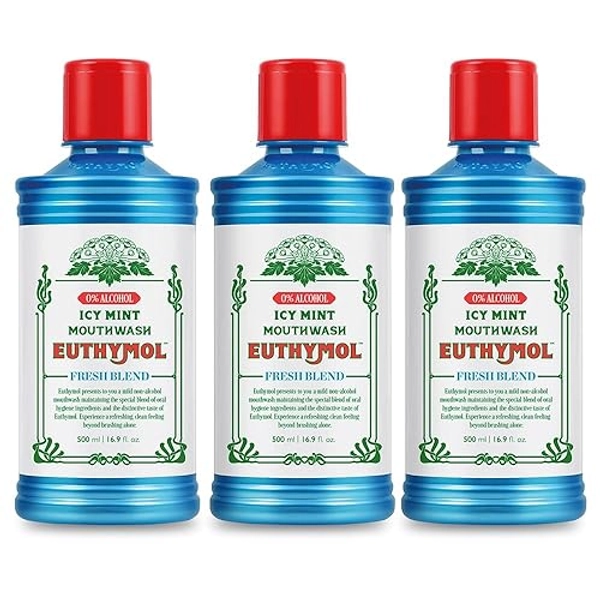Euthymol Mouthwash ICY Mint 500ml x 3, Contains Flouride Alcohol-Free, Distinctive Strong Taste Flavour, Reduce Plaque Gingival Clean Healty Teeth Gums, Freshens Breath Refreshing Oral Dental Care - Icy Mint - 500 ml (Pack of 3)