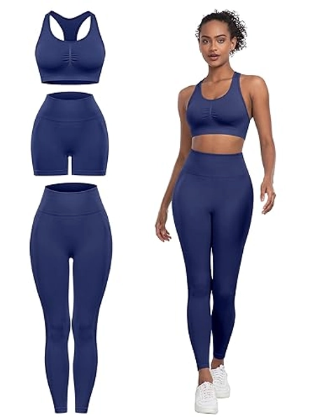 SALSPOR 3 Piece Workout Sets for Women Butt Lifting Leggings with High Impact Sports Bra Gym Shorts - Navy Blue - Medium