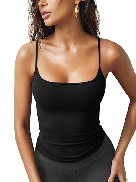 NODHUT Women's Tank Tops Sexy Slim Fit Spaghetti Strap Tank Top Cute Summer Square Neck Workout Camisole Tops - Black - Small