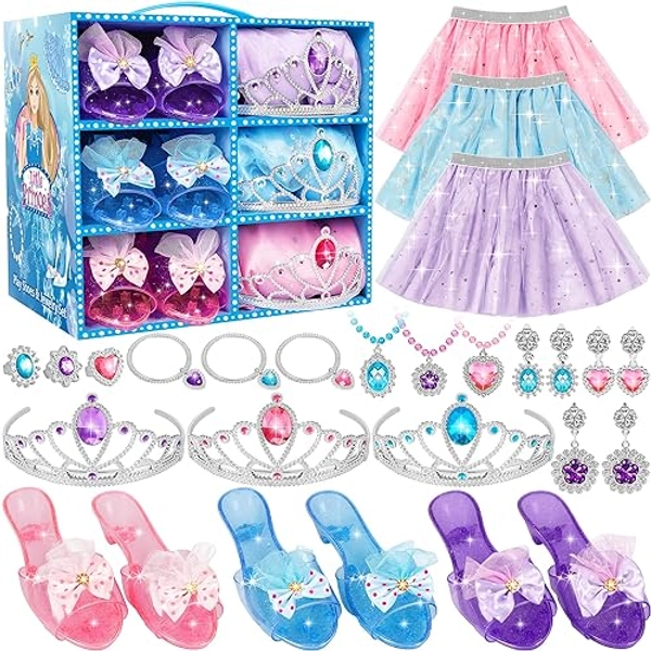 LJZJ Princess Dress Up Toys & Jewelry Boutique, Costumes Set incl Color Skirts, Shoes, Crowns, Accessories, Girls Role Play Gift for 3 4 5 6 Year old Girl Toddler ​B-day Party Favors - Blue