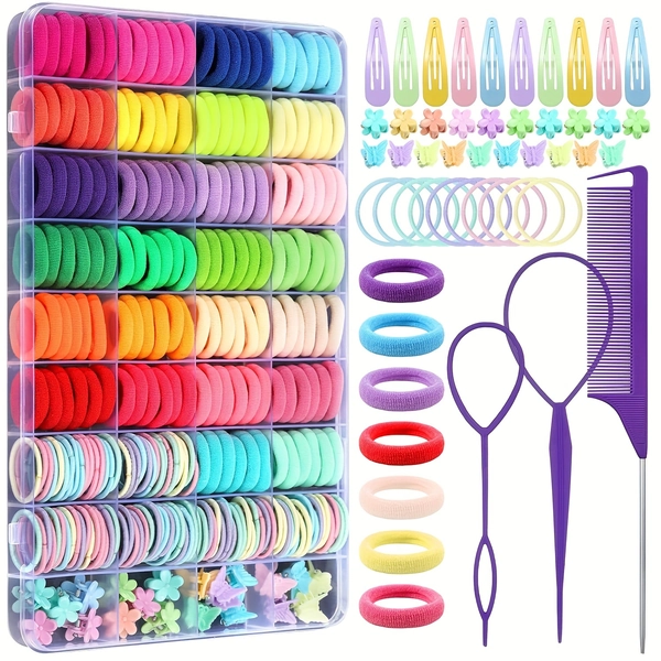 360pcs Cute Style Hair Accessories Set, Elastic Hair Bands in 31 Colors, Solid Print Fabric Hair Ties with Butterfly Hair Pins and Flower Claw Clips
