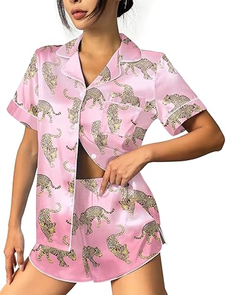 Ekouaer Womens Silk Satin Pajama Set Print Short Sleeve Sleepwear Button Down Pjs Shorts Set Loungewear