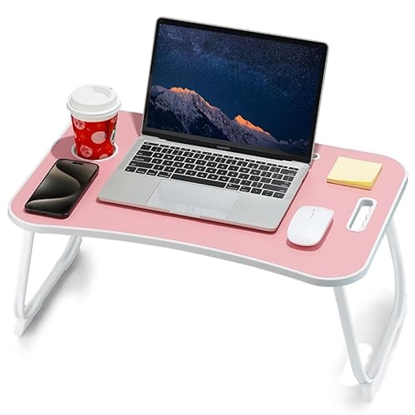 ZEAPTAC Laptop Bed Desk, Foldable Lap Table, Portable Study Table, Laptop Stand with Cup Holder & Tablet Slot & Lifting Handle for Working Writing Drawing & Eating - Pink