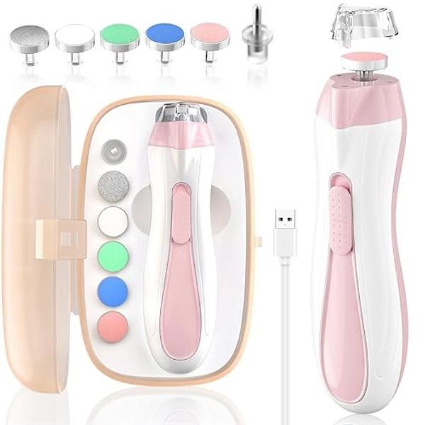 Baby Nail File Electric Baby Nail Care Set with LED Light, Baby Nail Clipper Electric for Newborn/Infants/Adults Toenails and Fingernails, 7 Grinding Head Replacement Pads, Pink - Pink