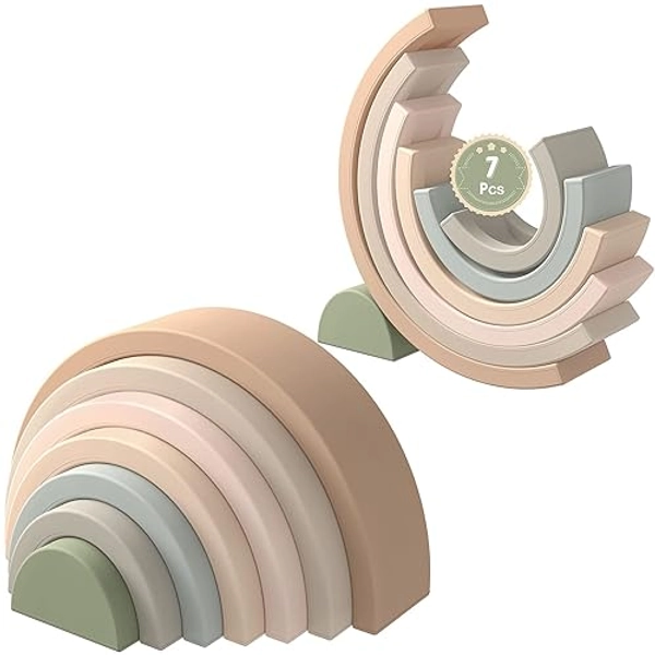 MCGMITT Rainbow Stacking Toy, Silicone Rainbow Stacker for Toddlers, Montessori Nesting Blocks, Building Creative Color Shape Matching Toy Set, 7 Layers (Brown) - Brown
