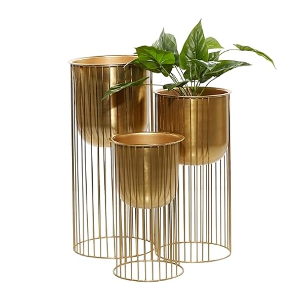 Deco 79 Metal Indoor Outdoor Planter Deep Recessed Dome Large Planter Pot with Elevated Caged Stand, Set of 3 Planters 24", 20", 16"H, Gold - Set of 3 Planters 24", 20", 16"H - Gold - Round Planter