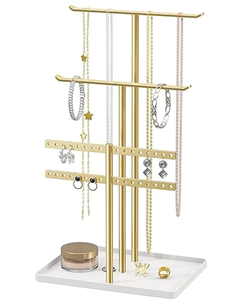 pickpiff Jewelry Stand Holder Organizer: 14.5" Sturdy Jewelry Hanger, Gift for Women, Gold Jewlery Tower for Necklace, Earring, Bracelet - Gold - 14.5" Height