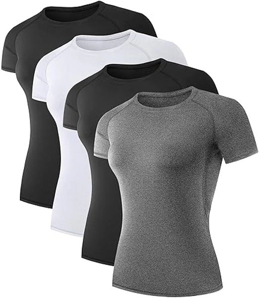 TELALEO 4 Pack Women's Compression Shirt Running Athletic T-Shirts Workout Tops Baselayer Short Sleeve Yoga Gym Sports Gear - Small - 2black/Grey/White