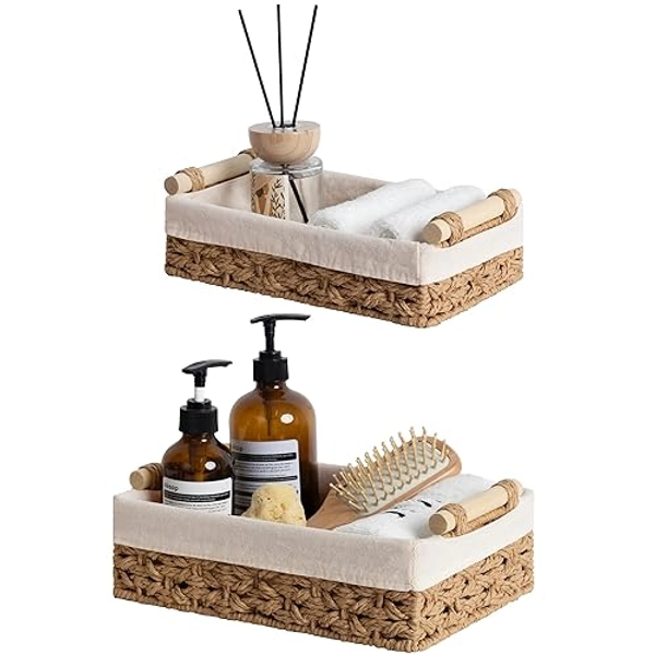 StorageWorks Bathroom Baskets for Organizing, Small Wicker Basket for Bathroom Organizer, Round Paper Rope Storage Basket for Bathroom Countertop, Set of 2 - Light Brown (Paper)