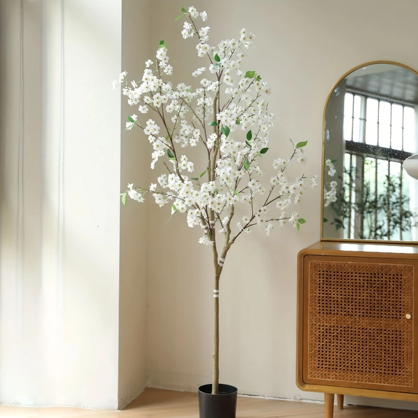 1pc Lifelike Cherry Blossom Tree Artificial Plant - 59"/71" White Flowers with Green Leaves, Perfect for Wedding, Christmas & Home Decor Centerpieces - Includes Flower Pot, Cherry Themed Items