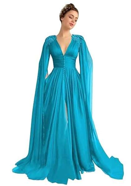 Women's Tulle Prom Dresses Double V Neck Long Ball Gowns Lace Appliques Evening Party Cocktail Dress with Cape Pocket - Aqua - 0