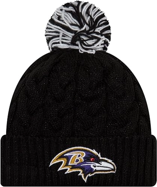 New Era Women's NFL Official Cozy Cable Knit Cuff Pom Beanie Hat - One Size - Baltimore Ravens Black
