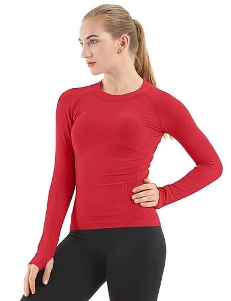 MathCat Seamless Workout Shirts for Women Long Sleeve Yoga Tops Sports Running Shirt Breathable Athletic Top Slim Fit - Small - Red