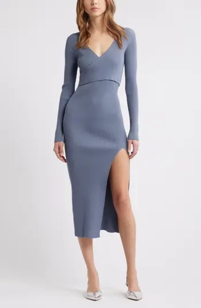 Open Edit Luxe Long Sleeve Sculpt Rib Faux-Wrap Dress | Nordstrom
