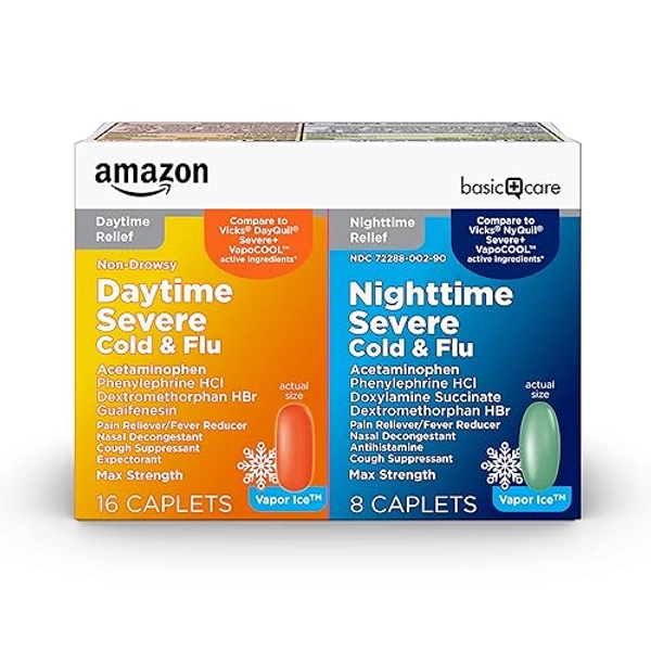 Amazon Basic Care Vapor Ice Daytime and Nighttime Severe Cold and Flu, Coated Caplets, Combo Pack, 24 Count - 24 Count (Pack of 1)