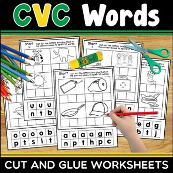 CVC Words Cut and Glue Worksheets | Short Vowels | Word Work