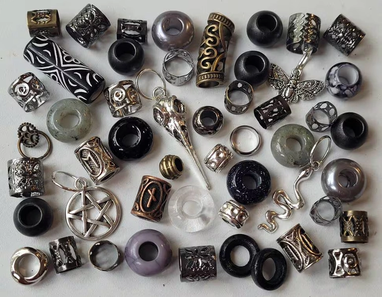 40 Goth Style Dread Beads with Onyx, Black Goldstone Smokey & Clear Quartz Crystals, Snake, Pentagram, Raven Skull, Gothic Death Moth Charms