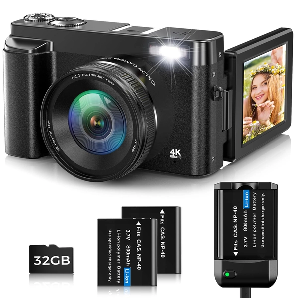 Digital Camera,Oiadek 4K 48MP Autofocus Vlogging Camera with 32G Memory Card 16X Digital Zoom,Compact Digital Camera with 3.0 inch 180° Flip Screen and Battery Charger for Teenagers (Black) - Black