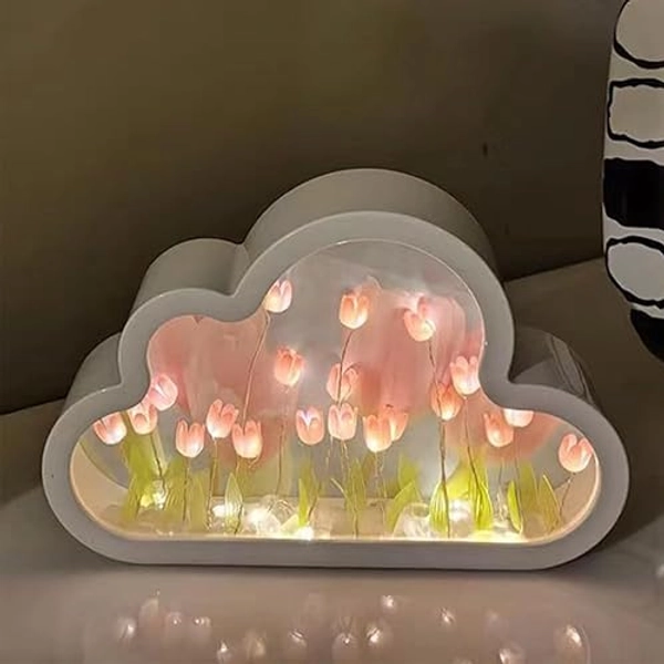 Yckeogln DIY Cloud Tulip Mirror Night Light, Simulation Flower Bedroom Cloud Tulip Table Lamp, Creative Home Decoration, Room Decor for Teen Girls(Pink) - Pink