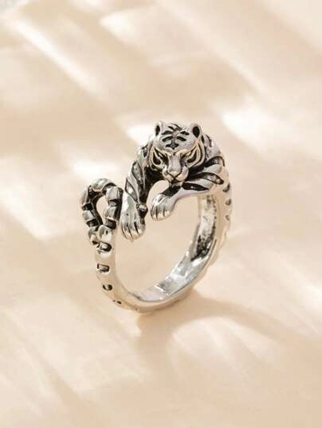 1 pieza Anillo ajustable con forma de tigre de color plateado vintage, unisex