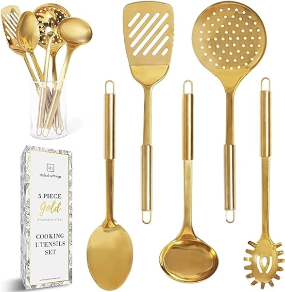 Gold Cooking Utensils Set - 5 PC Stainless Steel for Modern Cooking & Serving - Dishwasher Safe Gold Ladle, Serving Spoon & More - Luxury Brass Kitchen Utensils for Home Chefs - Gold Kitchen Decor - Gold