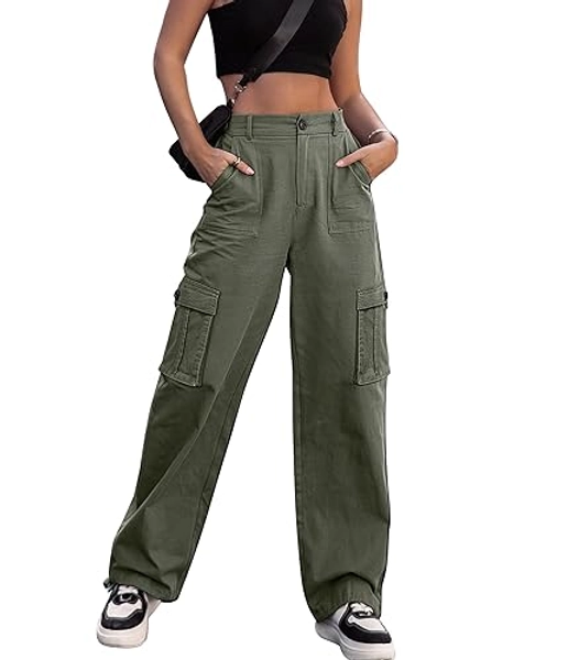 ZMPSIISA Women High Waisted Cargo Pants Wide Leg Casual Pants 6 Pockets Combat Military Trousers - X-Small - Green