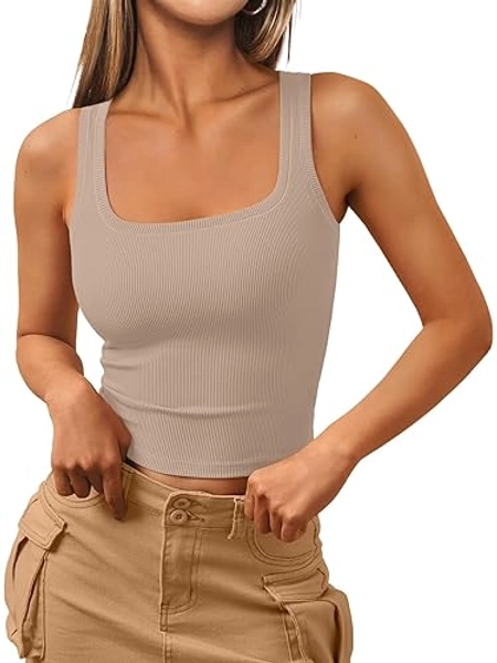 Trendy Queen Womens Square Neck Tank Tops Workout Cropped Ribbed Summer Camisole Sleeveless Clothes - X-Small - Nude