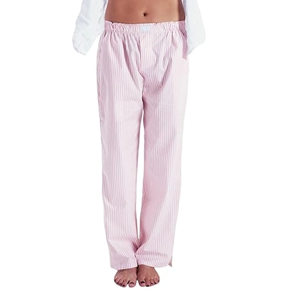 Pivanzore Women's Stripe Pajama Pants Y2K Elastic High Waisted Wide Leg Pants Loose Lounge Sleep Pants Trousers with Pockets - Side Split Pink - Small