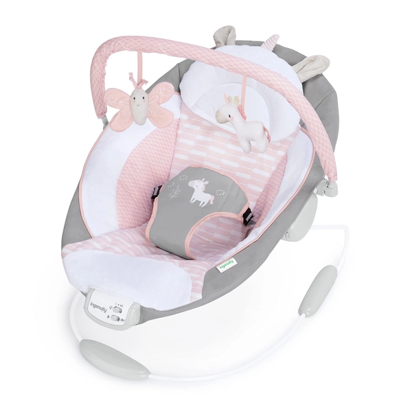 Ingenuity Soothing Baby Bouncer Infant Seat with Vibrations, Toy Bar & Sounds, 0-6 Months Up to 20 lbs (Pink Flora The Unicorn)