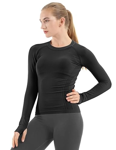 MathCat Seamless Workout Shirts for Women Long Sleeve Yoga Tops Sports Running Shirt Breathable Athletic Top Slim Fit - X-Small - Black