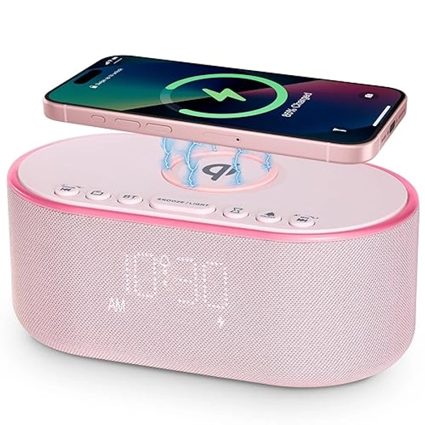 Odokee Wireless Charging Alarm Clock Radio: Qi Certified Fast Wireless Charger for iPhone Samsung - 10W Stereo Bluetooth Speaker - Dimmable Digital Clock with FM Radio for Bedroom Pink - Pink - White Digits