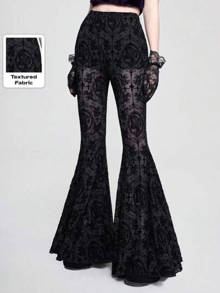 ROMWE Goth Pantalones anchos con estampado de calavera romántica gótica, enredadera y cruz, con acabado flocado