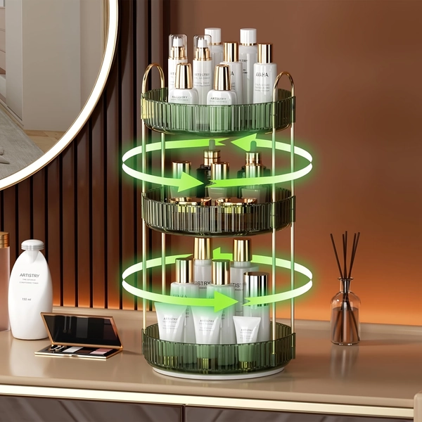 Rotating Makeup Organizer And Storage Dresser 3 Tiers, Large Capacity Cosmetic Light Beige Care Perfume Organizer for Dresser Bathroom Lazy Storage.