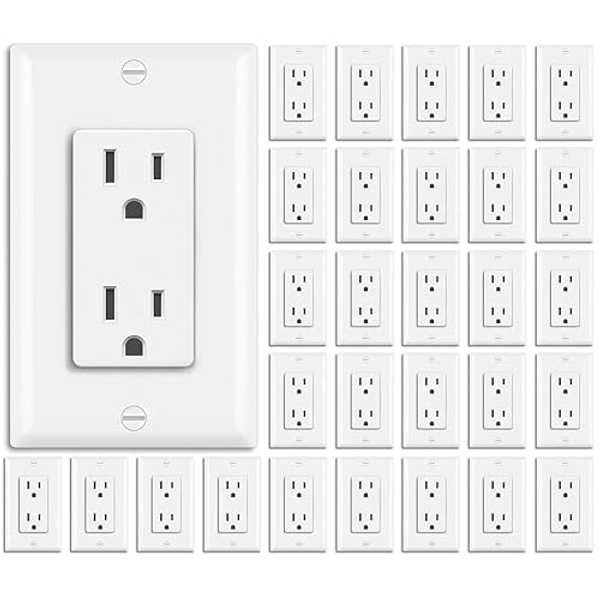 BESTTEN 30 Pack 15 Amp Decorator Receptacle Outlet, Decor Standard Electrical Wall Outlet, Residential and Commercial Use, Non-Tamper-Resistant,15A/125V/1875W, Wallplate Included, UL Listed, White - 30