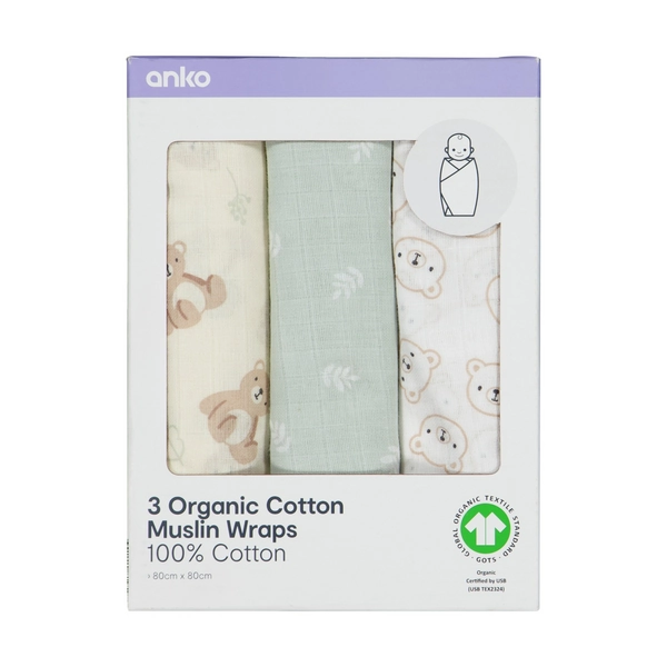 3 Pack Organic Cotton Muslin Wraps, Bears - Anko