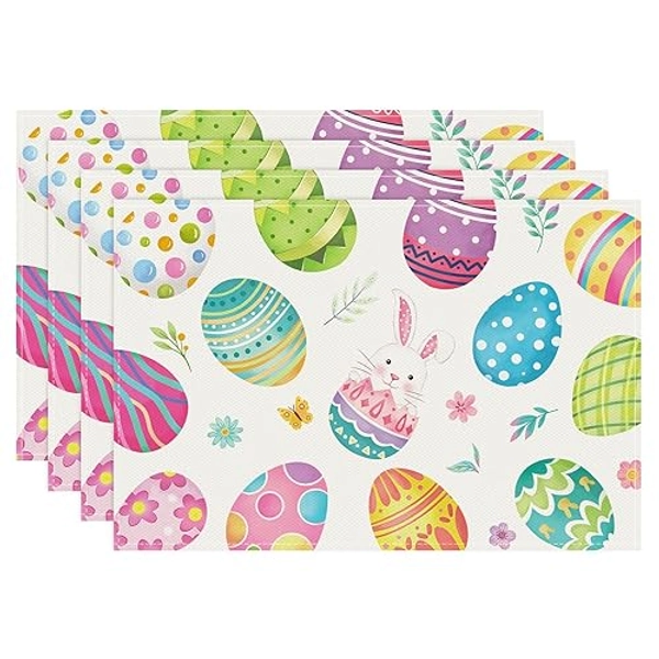 Bonhause Ostern Tischsets 4er Set, Ostereier Hase Kaninchen Frühling Platzsets Waschbar Platzdeckchen für Küche Tisch Dekoration Drinnen Urlaub Party Dekor 30x45cm
