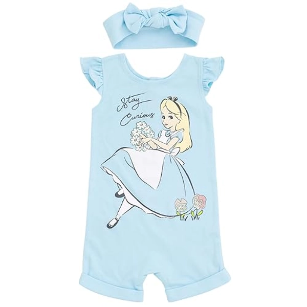 Disney Minnie Mouse Winnie the Pooh Lion King Lilo & Stitch Simba Romper and Headband Newborn to Toddler - 0-3 Months - Alice in Wonderland Blue