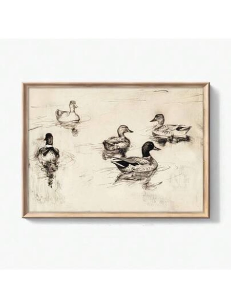 1 pieza Cartel horizontal rústico retro sin marco de patos boceto, pintura en lienzo minimalista para decoración de granja, para dormitorio, apartamento, sala de estar, decoración del hogar moderna