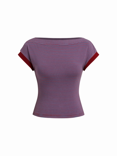 Boat Neck Stripe Contrasting Binding Short Sleeve Tee