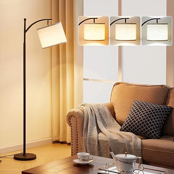 Ambimall 60" Floor Lamps for Living Room with 3 Color Temperatures, Standing Lamp Tall with Adjustable Linen Shade, Tall Lamps for Living Room Bedroom Office Classroom Dorm Room(9W Bulb Included) - Beige & Black - 60 inches